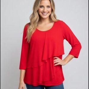 Slinky Brand Red Assymetrical Tiered Ruffle Layered 3/4 Sleeve Top Size Small
